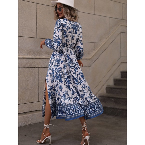 Floral Print Lantern long Sleeve Split Thigh midi dress blue white boho - Picture 2 of 7